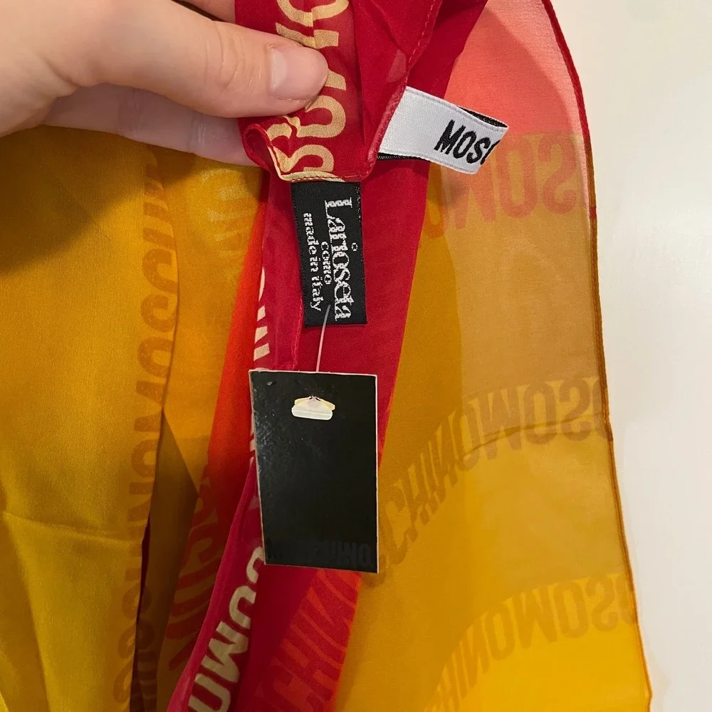NWT Moschino Silk Chiffon Scarf Red‎ Orange Yellow Logo Stripe